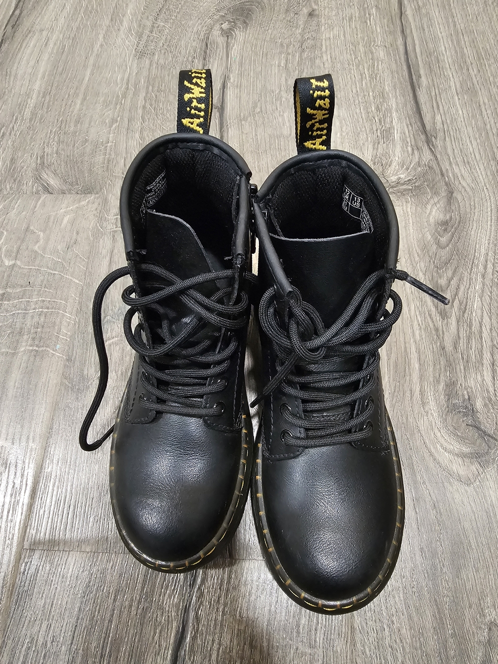 Dr. Martens Black Kids Lace-Up Combat Boots with Yellow Stitching